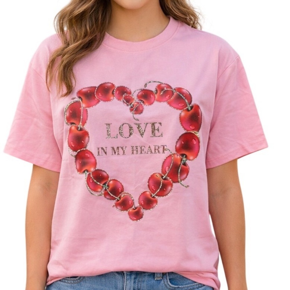 Muy Muy Women's Cherry Heart Love Short Sleeve Crewneck Pullover‎ Shirt Size L